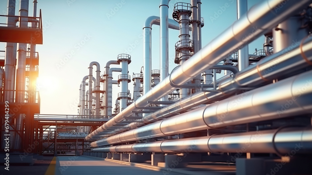 Pipeline and pipe rack of petroleum, chemical, hydrogen or ammonia industrial plant. Industrial zone Close up. Pipeline and pipe rack of petroleum, chemical, hydrogen or ammonia industrial plant. Industrial zone Close up.