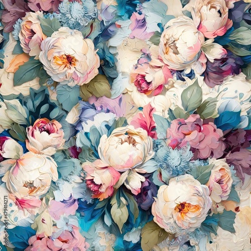 Seamless design two. Colorful abstract flowers bouquet on a cream color background.
