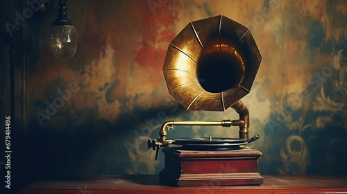 Retro-design gramophone from the 1960s in a grunge room. Music blaster. photo
