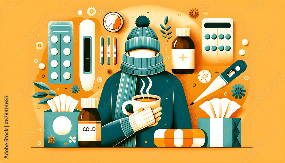 A Person Battling the Flu in Winter with a Warm Cup of Coffee in a Medical Environment, Vector Illustration, Knolling - obrazy, fototapety, plakaty 
