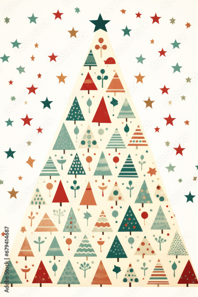 Christmas card in a style of a tree with stars. Christmas Card Design.