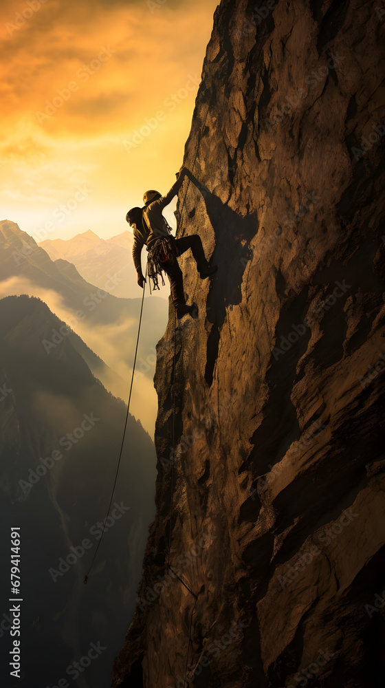 Rock climber climbing a big wall, alpine climbing, climbing