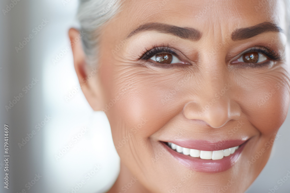 Elderly woman smiling with natural looking gray hair.