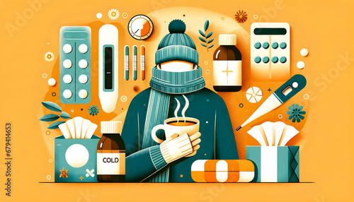 A Person Battling the Flu in Winter with a Warm Cup of Coffee in a Medical Environment, Vector Illustration, Knolling photo