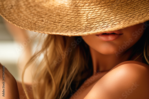 A blonde woman wearing a sunny hat.