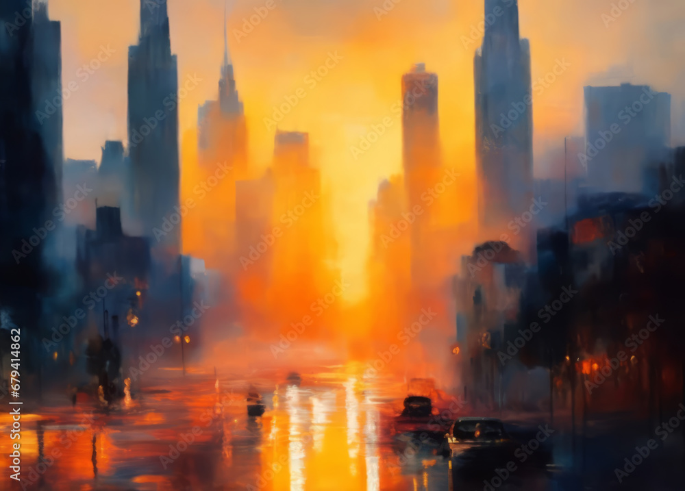 Sunset of the city, An oil painting art. Cityscape oil painting artwork. Warm tones at sunset, with a view of the sun and skyscrapers. Sunset of the city, An oil painting art. Cityscape oil painting artwork. Warm tones at sunset, with a view of the sun and skyscrapers.