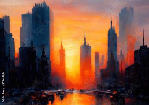 Sunset of the city  An oil painting art. Cityscape oil painting artwork. Warm tones at sunset  with a view of the sun and skyscrapers.