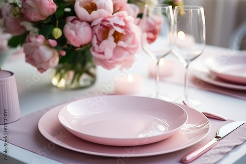 Pink romantic table setting  pink peonies and accessories  Valentine s day dinner