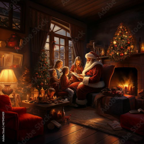 Christmas family atmosphere in the warmth of the home, the family is sitting around the Christmas tree, everyone is happy and opening presents. The fireplace is in the right corner