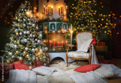 Christmas atmosphere in a room with a fireplace, Christmas trees decorated with balls, garlands of lights, an armchair on a dark background..
