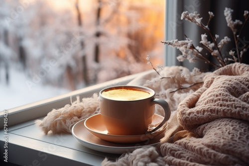 Cup of coffee on the windowsill in cozy room, winter scene outside the window.