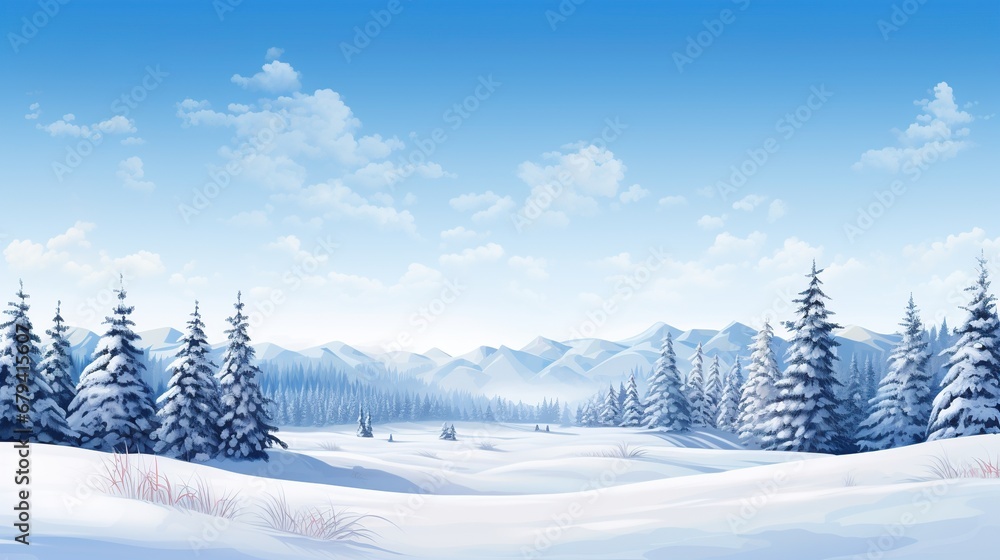 Serene winter landscape with snow-covered trees and mountains in the distance. Peaceful winter wonderland illustration perfect for a festive holiday background.