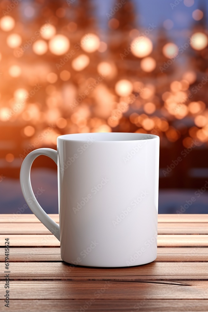 Fototapeta premium Warm holiday mockup of a white mug on a wooden table with golden bokeh lights. Simple and cozy white mug ready for custom design, set against a backdrop of warm holiday lights.