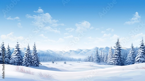 Serene winter landscape with snow-covered trees and mountains in the distance. Peaceful winter wonderland illustration perfect for a festive holiday background.