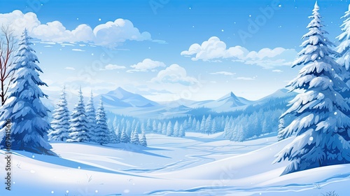 Snowy winter wonderland with pine trees and mountains under a clear blue sky. Scenic view of a frosty landscape with snow-covered trees and mountain range in the winter. © Irina.Pl