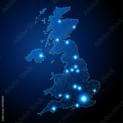United Kingdom - country shape with lines connecting major cities