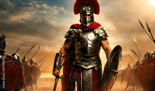 roman legionary commander warrior holding sword and shield. spartan hero soldier in golden armor, red cloak and helmet, holding spear and shield on burning battlefield background. Generative ai