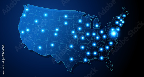 USA - country shape with lines connecting major cities