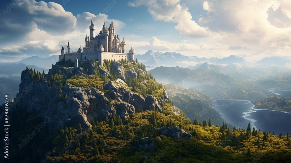 An epic fantasy castle perched on a mountaintop, suitable for medieval or fantasy-themed streams. - obrazy, fototapety, plakaty 