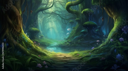 An enchanting forest with lush greenery and a mysterious path leading into the unknown, ideal for a nature-themed banner.