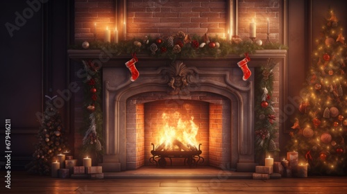 Warm Winter Vibes. Fireplace with Christmas Decorations in a Cozy Home Interior © David