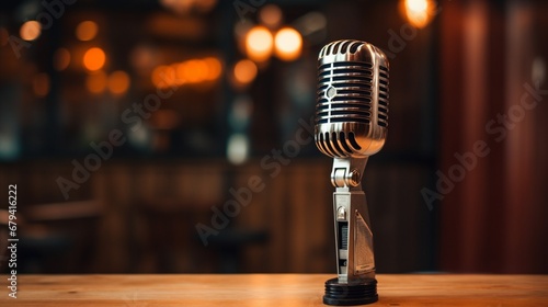 A close-up of a vintage microphone on a wooden table, setting the stage for music or podcast streams. photo