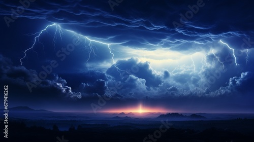 A dramatic thunderstorm with lightning bolts striking the night sky, suitable for horror or intense gaming streams.