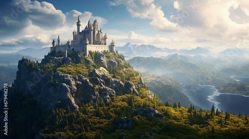 An epic fantasy castle perched on a mountaintop, suitable for medieval or fantasy-themed streams. photo