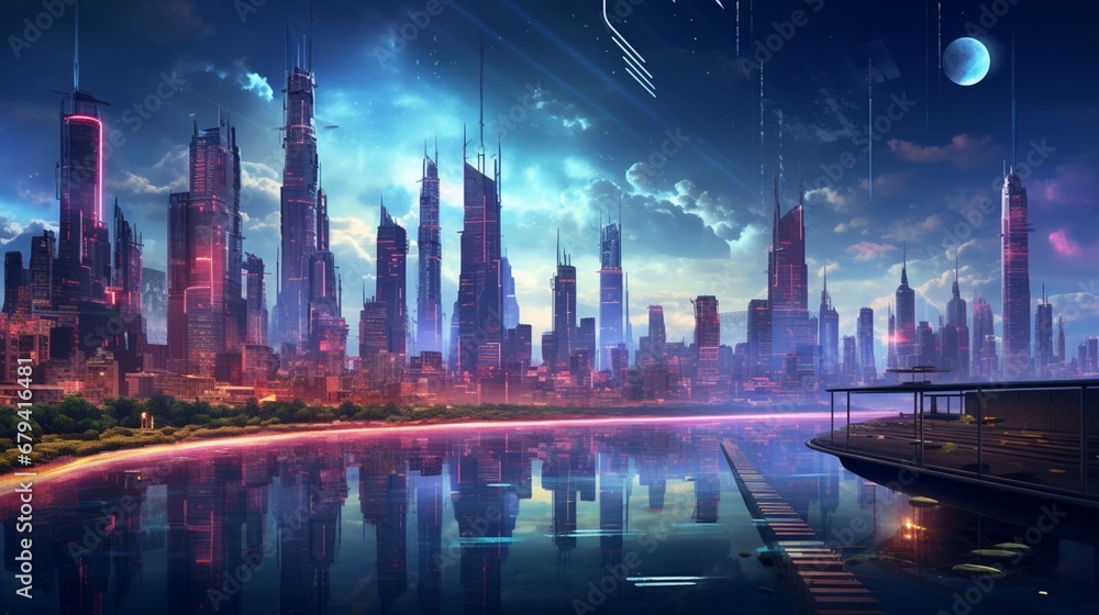 A vibrant, futuristic cityscape with neon lights and reflections on water, perfect for a cyberpunk-themed stream.