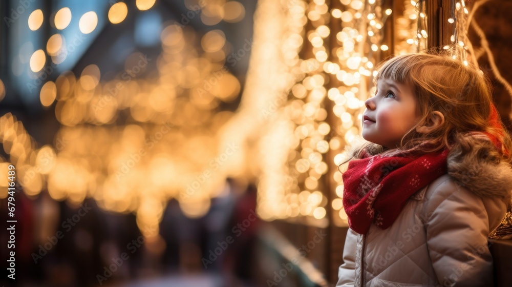 little girl in a reindeer costume, gazing in awe at a Christmas market with sparkling lights and decorations