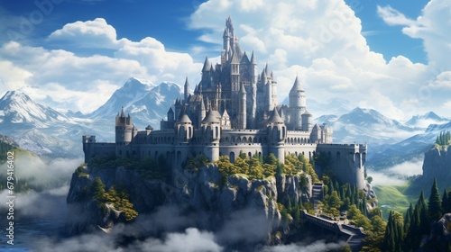 An epic fantasy castle perched on a mountaintop, suitable for medieval or fantasy-themed streams. photo