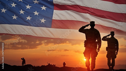 Silhouettes of soldiers saluting on background of sunset or sunrise and USA flag photo