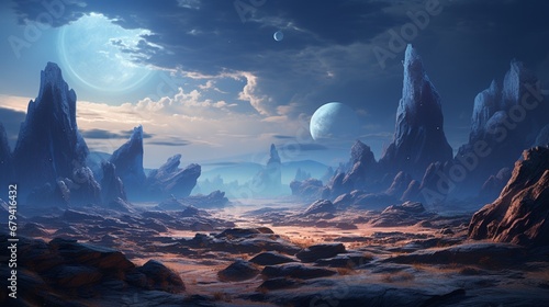 A vast, alien landscape with bizarre rock formations and an otherworldly sky, a captivating backdrop for sci-fi exploration streams.