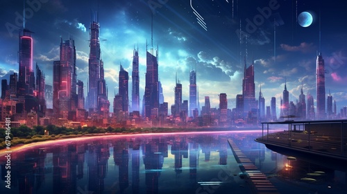 A vibrant, futuristic cityscape with neon lights and reflections on water, perfect for a cyberpunk-themed stream. © roman arts