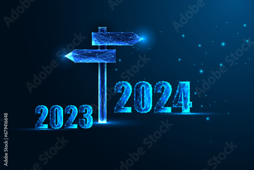Abstract 2024 New Year concept, transition fro 2023 to 2024 year with signpost on blue background