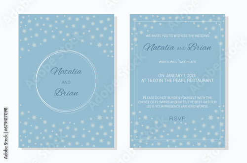 Wedding invitation layout template in winter theme. Background with snowflakes. Design of an invitation card. Vector illustration.