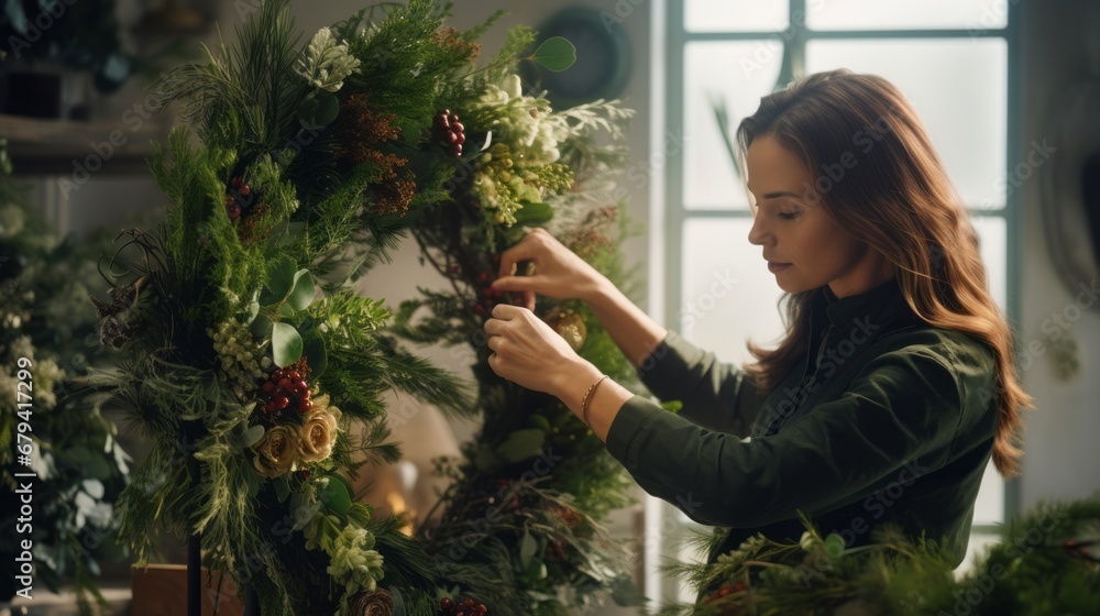 Handmade Christmas wreath with fir branches, berries, pine cones, and thread, scissors on rural wooden table. Christmas wreath workshop Handmade Christmas wreath with fir branches, berries, pine cones, and thread, scissors on rural wooden table. Christmas wreath workshop