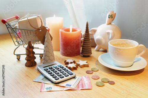 Εκτύπωση καμβά Saving money on holiday shopping, calculator, piggy bank, coins and banknotes on