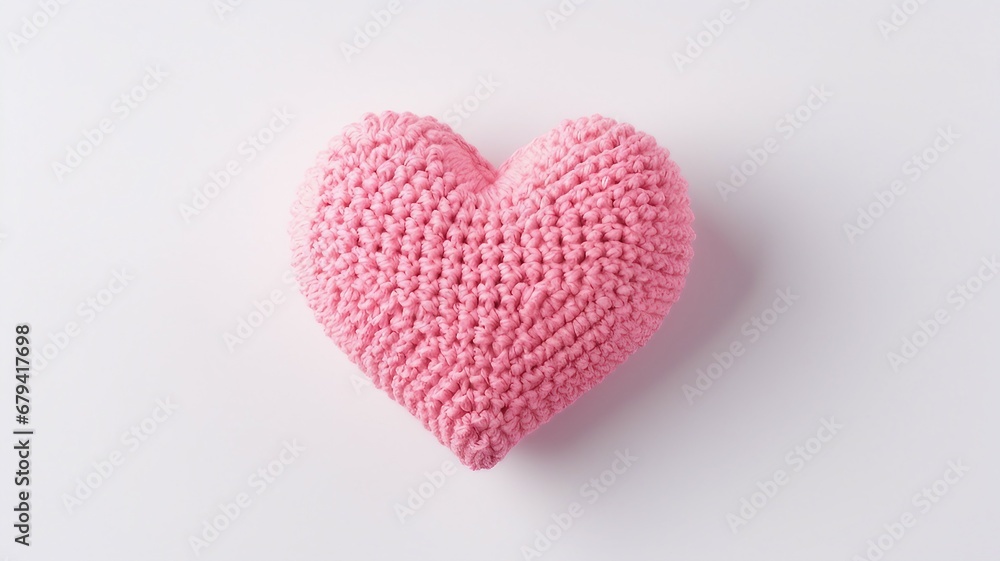 pink knitted heart on white background. Top view with copy space.