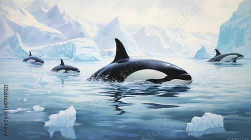 Pod of Orcas Swimming Near Ice Formations in Polar Region © Dina