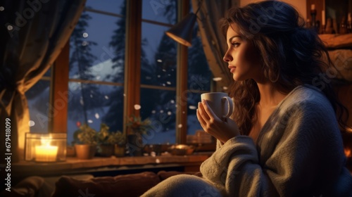 Woman holding a cup of coffee in cozy house