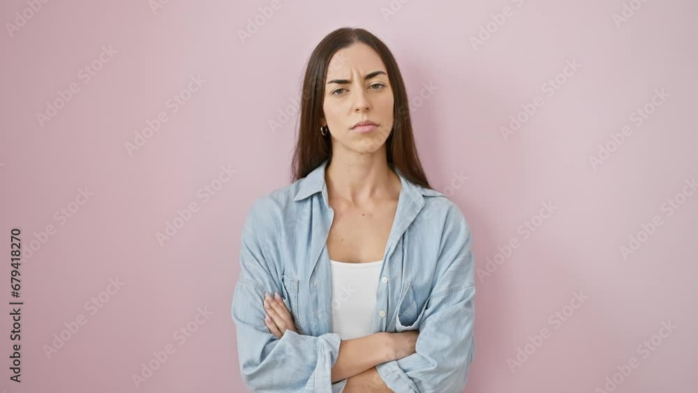 Disbelieving portrait of a beautiful young hispanic woman, crossed arms, sporting casual wear over pink backdrop. nervous, negative vibe crowns her skeptic, disapproving expression. Disbelieving portrait of a beautiful young hispanic woman, crossed arms, sporting casual wear over pink backdrop. nervous, negative vibe crowns her skeptic, disapproving expression.