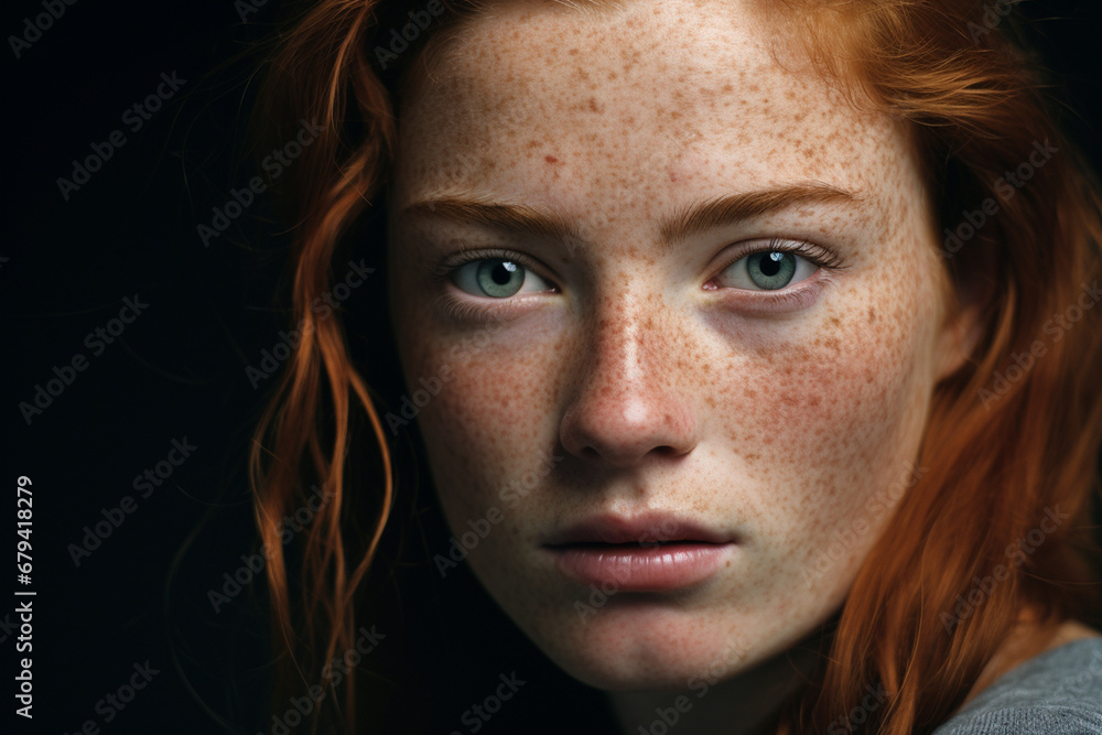 portrait on black background, beautiful girl with emotional freckles, photorealistic + hyperrealistic