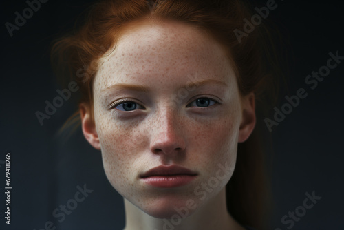 portrait on black background, beautiful girl with emotional freckles, photorealistic + hyperrealistic