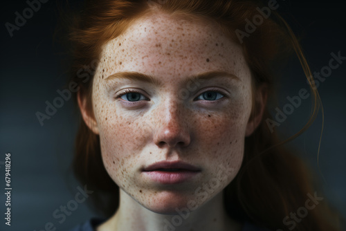 portrait on black background, beautiful girl with emotional freckles, photorealistic + hyperrealistic