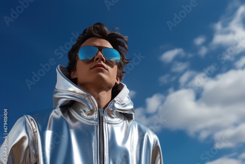 Stylish Man in a Shiny Silver Jacket and Sunglasses in a Sky Blue Generative AI © Johnathan