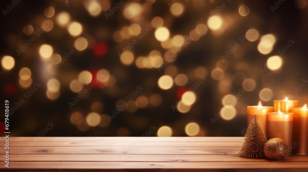 Wood table with blurry christmas decorations background with copy space Wood table with blurry christmas decorations background with copy space