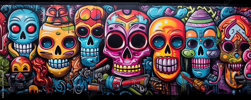 abstract graffiti illustration, street art design, Skulls paint on wall bright tone color, punk and funk background wallpaper, Generative Ai