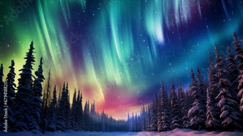 Northern lights dancing over a snowy forest, with a clear view of the vibrant colors in the night sky © MADMAT