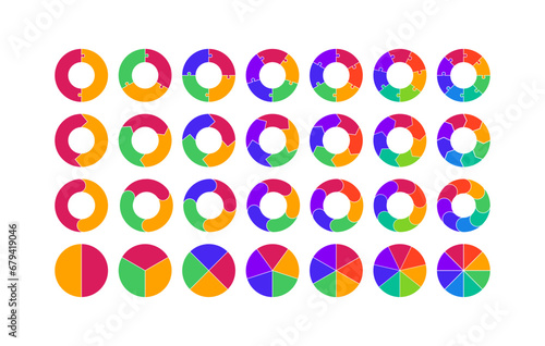 Circle Color Pie Chart Set. Vector Flat Process Cycle Diagrams. Infographic Collection with 2,3,4,5,6,7,8 Segment Sections